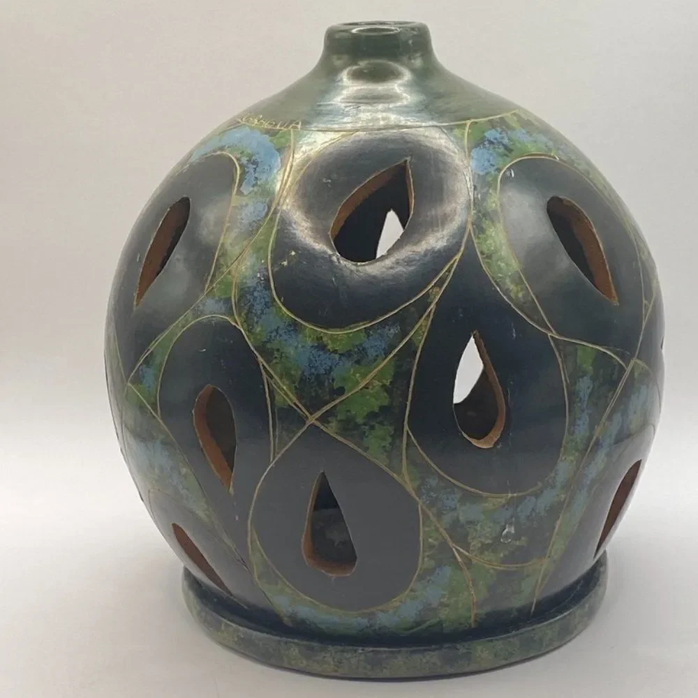 Vintage Green and Grey Nicaraguan Lattice Pierced Pottery Luminary Candle
